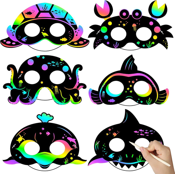 WATINC 30Pcs Ocean Animals Scratch Masks for Kids, 6 Styles Summer Paper Scratch off Art Magic Craft Party Favors Kit, DIY under the Sea Project