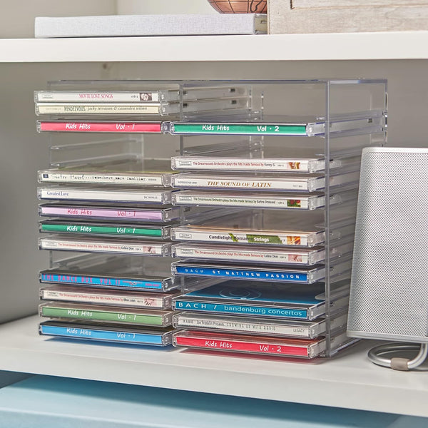 Stori Stackable Clear Plastic CD Organizer with Rubber Feet | Rectangular Jewel Cases Holder Perfect for Theatre Room | Holds up to 30 CD Cases |