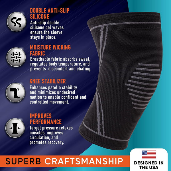 Knee Brace for Pain Relief - 2 Pack Knee Compression Sleeves for Men and Women - Support for Weightlifting, Gym, Workout, Volleyball - Meniscus
