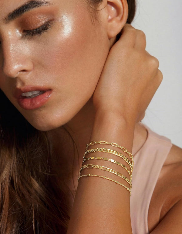 Gold Bracelets for Women Trendy,14K Real Gold Plated Dainty Stackable Paperclip Cuban Link Chain Bracelets,Cuff Bracelets Jewelry Set Adjustable 7"+2