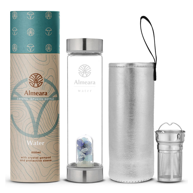 Almeara Crystal Water Bottle with Authentic Lapis Lazuli, Opal Stones & Aquamarine Removable Gemstones, Loose Leaf Tea I