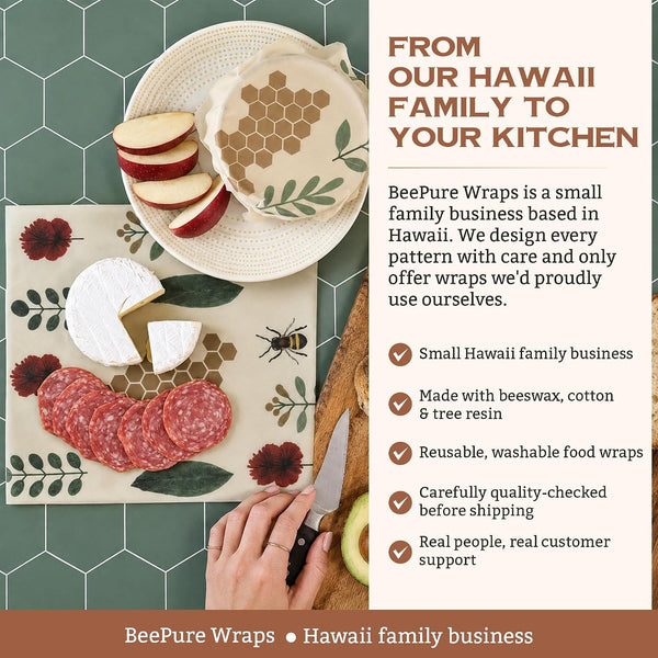 BeePure Reusable Beeswax Food Wrap - Eco-Friendly, Sustainable Wrap Roll (15"x80") - Plant & Bee Pattern for Food Storage BP-ROLL-NATURE