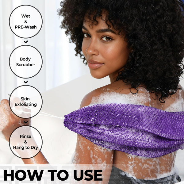 Authentic African Net Sponge with Knots - 2 Pieces Exfoliating Body Sponge Purple & Green - Back Scrubber Shower Exfoliator for Women Personal