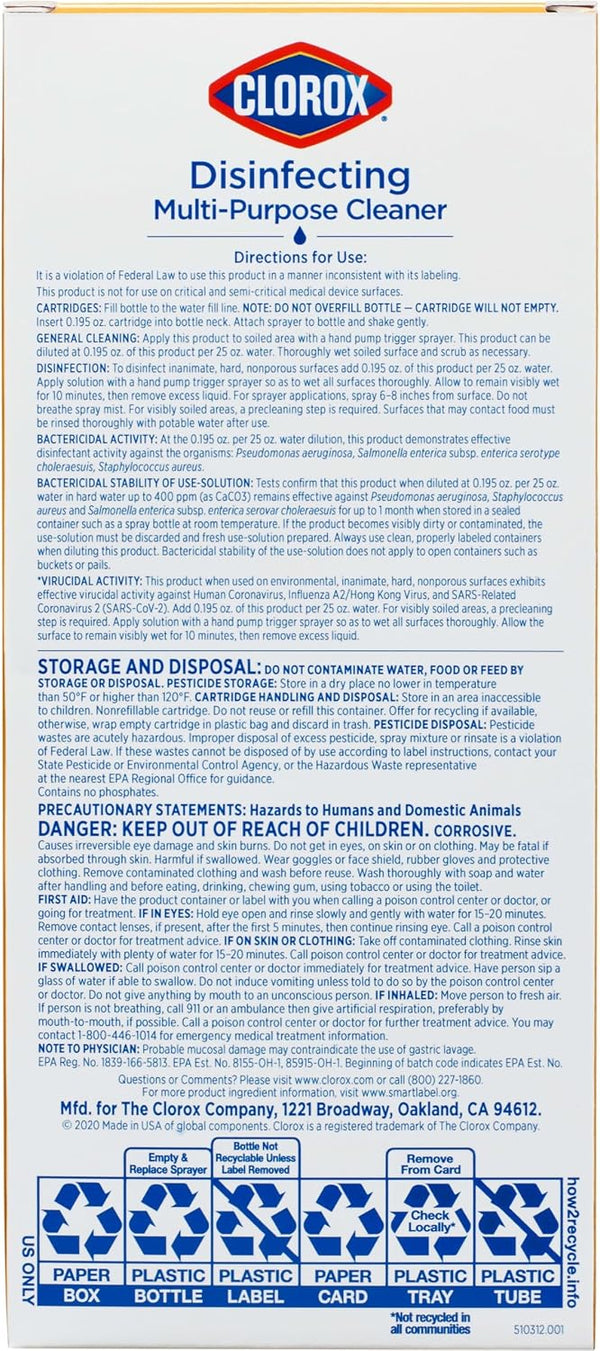 Clorox Disinfecting Multi-Purpose Cleaner Starter Kit, Household Essentials, One Reusable Spray Bottle Plus 2 Refills 2 Count (Pack of 1)