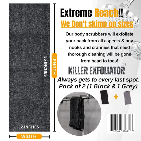 Extra Rough Exfoliating Washcloth-Extreme Body & Back Scrubber for Shower, Extra Long, Hygienic Rough Exfoliator, Men & Women, 2 Count Pack, Black