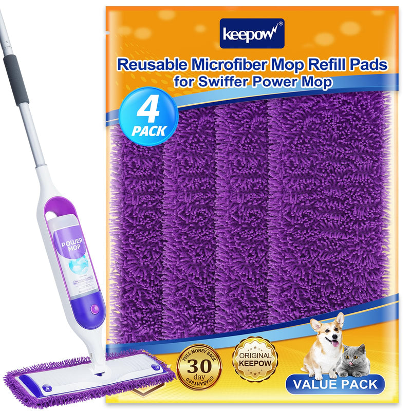 KEEPOW Reusable Microfiber Mop Pads Compatible with Swiffer Powermop 4 Pack, Power Mop Pads Refills for 13 ''-15 '' Spray Mop, Machine Washable