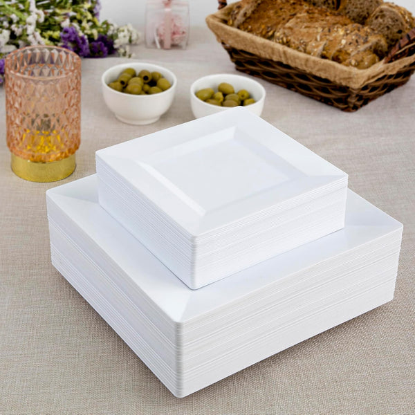 SETUP 60-Piece White Square Plastic Dinnerware Set – 30 9.5" Dinner & 30 6.5" Salad Plates – Heavy-Duty Disposable for Weddings, Catering, Parties