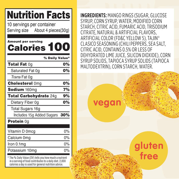Snak Club Tajin Mango Rings Gummy Candy, Fruit Candy Gummies with Chili and Lime Seasoning, Mild, Gluten-Free and Vegan Snacks, 11 oz Resealable