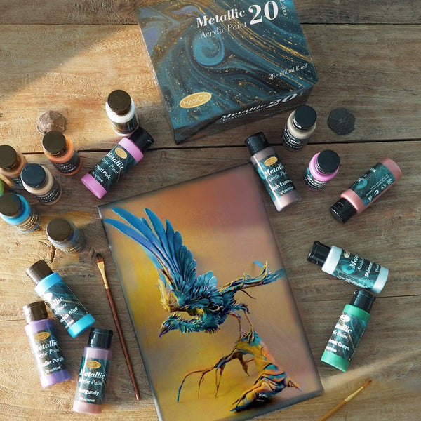 HissiCo Metallic Acrylic Paint Set of Premium 20 Colors, Professional Grade Metallic Paint with 2fl oz（60ml） Bottles, Non-Toxic, Rich Pigments -