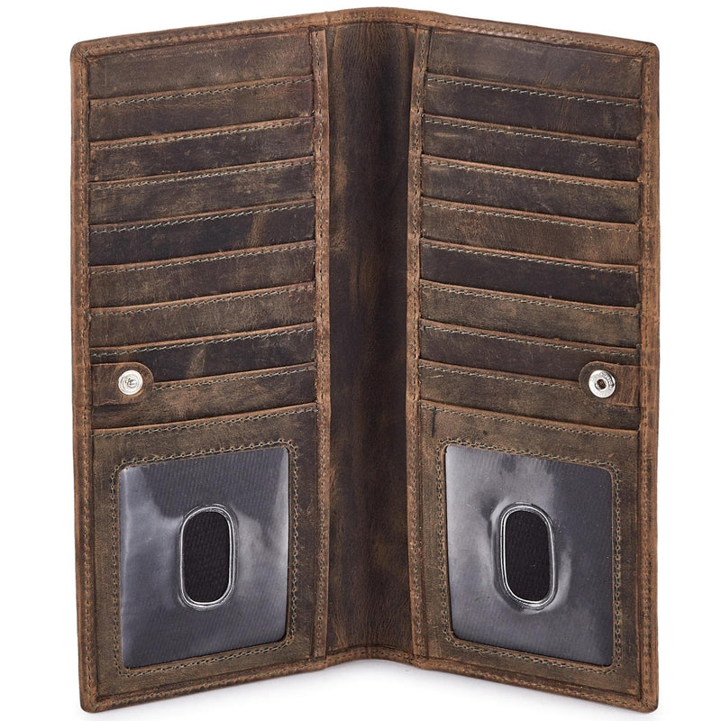 Long Wallet for Men Women Leather Slim Bifold RFID Blocking Card Holder Moss Green Crazy Horse