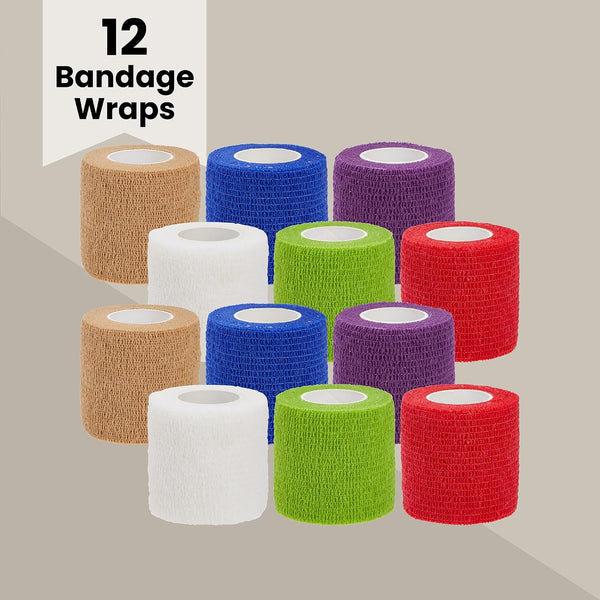 Juvale Stretch Vet Wrap - Self-Adherent Pet First Aid Tape - Secure Ankle Wrap & Wrist Support - Athletic Tape for Sports Use - Pack of 12, 2 in x