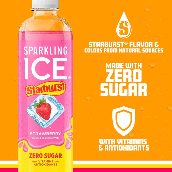 Sparkling Ice STARBURST Strawberry, Zero Sugar Flavored Sparkling Water, with Vitamins and Antioxidants, Low Calorie Beverage, 17 fl oz Bottles