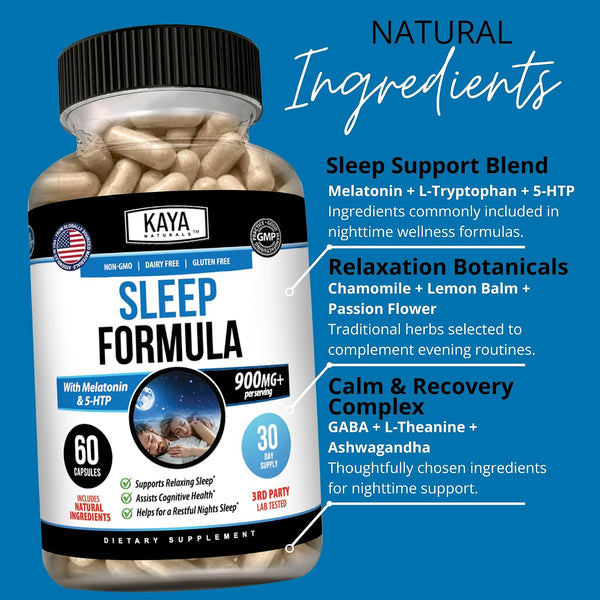 Kaya Naturals - Sleep Support Formula with Melatonin - Aid Support Vitamin Supplement - Sleep Stress and Mood Support - L-Tryptophan, Passion