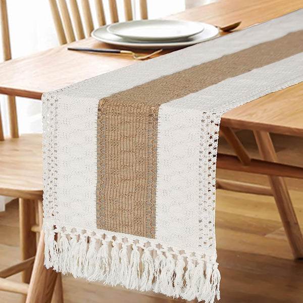 FEXIA Boho Table Runner for Home Decor with Tassels 72 Inches Farmhouse Long Pottery Barn Furniture Rustic Macrame Burlap Table Decoration for