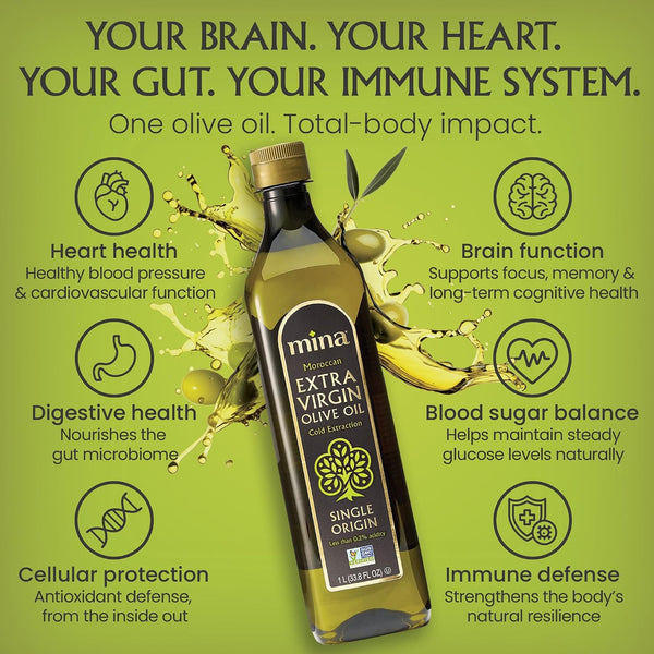 Mina Moroccan Olive Oil Extra Virgin 33.8 Fl Oz, Polyphenol Rich, Third Party Tested, Clinically Proven, Single Origin Extra Virgin Olive Oil,