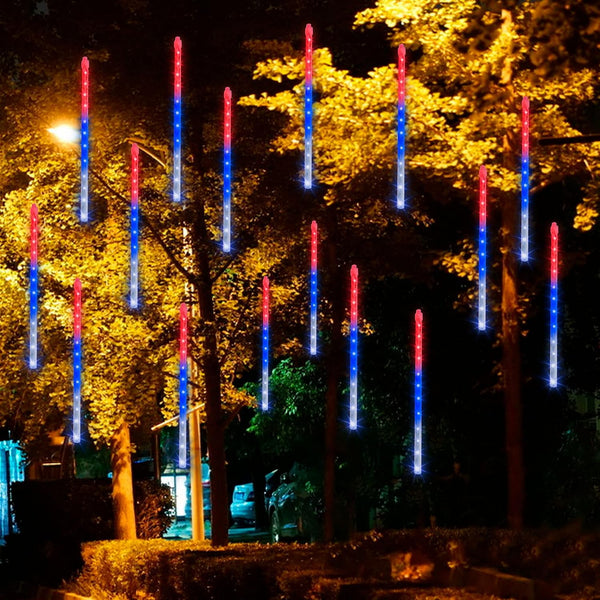 Dazzle Bright 4th of July Lights Decorations, 288LED Red Blue and White Meteor Shower Rain Lights 12Inch 8 Tubes, Waterproof Plug in Falling Rain