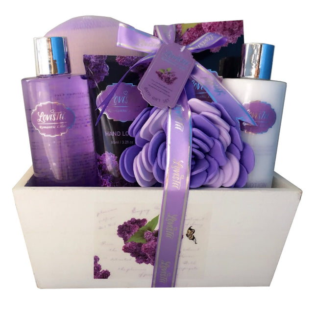 Spa Gift Basket with Lavender Fragrance and Lilac Color - Bath and Body Set Incl