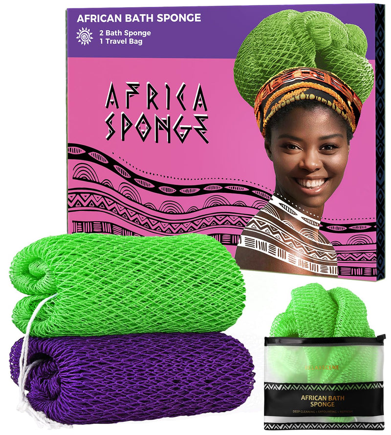 Authentic African Net Sponge with Knots - 2 Pieces Exfoliating Body Sponge Purple & Green - Back Scrubber Shower Exfoliator for Women Personal