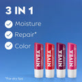 NIVEA Lip Care, Fruity Tinted Lip Balm Variety Pack, Cherry, Strawberry, Blackberry and Watermelon Flavors, 3-In-1 Moisture, Repair and Color,