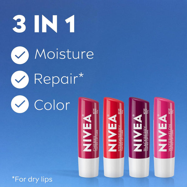 NIVEA Lip Care, Fruity Tinted Lip Balm Variety Pack, Cherry, Strawberry, Blackberry and Watermelon Flavors, 3-In-1 Moisture, Repair and Color,