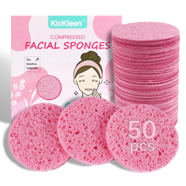 50-Count Compressed Facial Sponges|Kickleen 100% Natural Cellulose Cosmetic Spa Sponges for Daily Facial Cleansing|Makeu