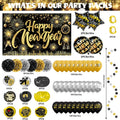 Happy New Year Backdrop with Shiny Firework Background Circle Paper Banner Pom poms Foil Balloons & Swirls for New Year Photo Booth Background
