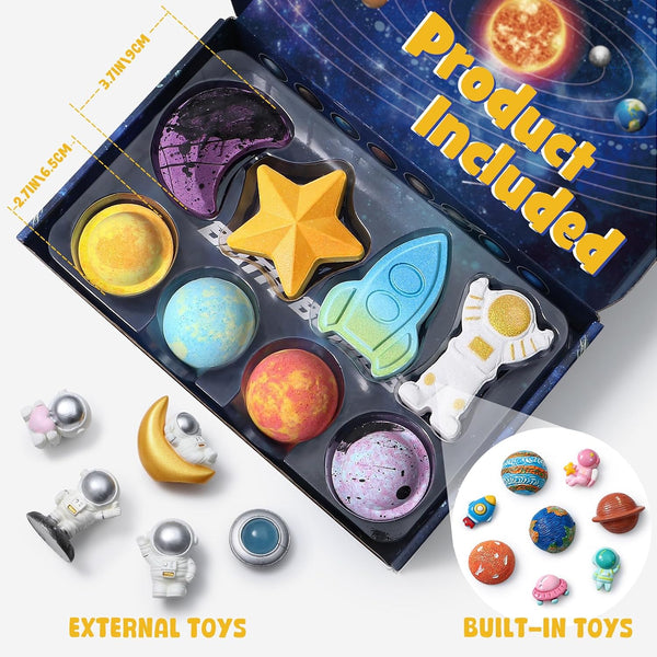 Space Bath Bombs for Kids with Surprise Inside, 8 Pack Kids Galaxy Bath Bombs with Space Toys for Toddler Boys Girls Handemade Rainbow Bubble Bath