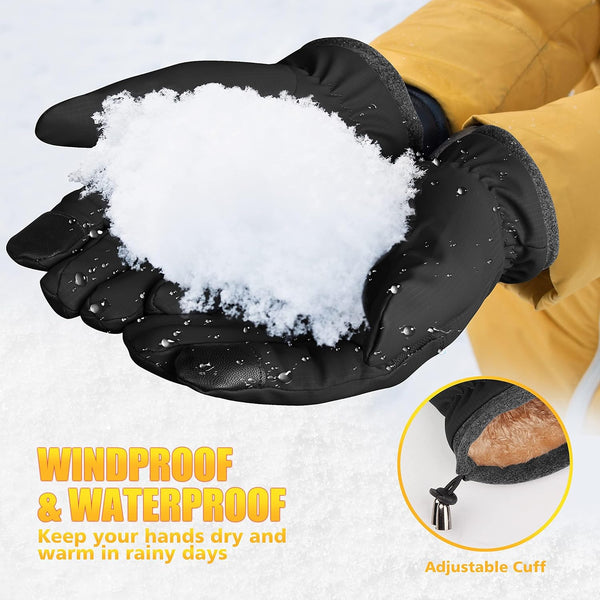 ihuan Winter Waterproof Ski Gloves Men Women, Snow Warm Cycling Cold Weather, Driving Biking Running Black Large