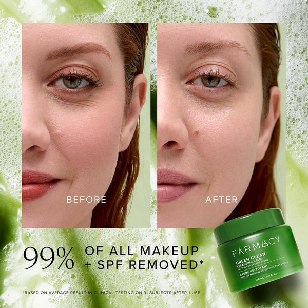 Farmacy Makeup Remover Cleansing Balm - Green Clean Waterproof Makeup Remover Balm + Oil Cleanser for Face - Gently Melts Make Up + SPF - Hydrates