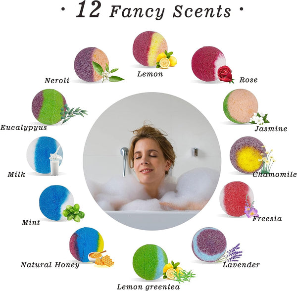 Bath Bombs, 12PCS Bath Bomb Set for Women Gift, Natural Organic Bath Fizzy Bomb with Pure Essential Oil, Relaxing Mini Bathbombs with Reusable