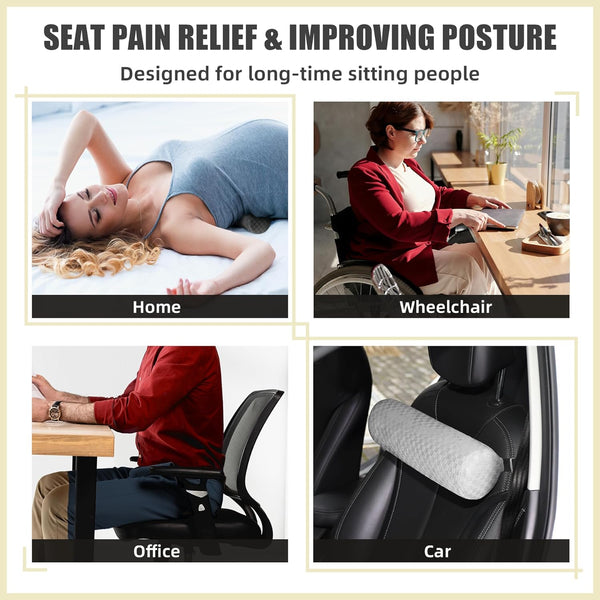 Lumbar Roll Pillow for Lower Back, Lumbar Support Foam Roll Cushion with Pillowcase and Upgraded Strap for Office, Chair, Car, Seat Pain Relief &