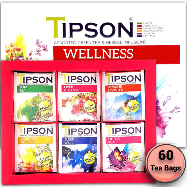 Tipson Wellness Variety Sampler: 6 Flavors | 6 Benefits (60 Tea Bags) - Green Te