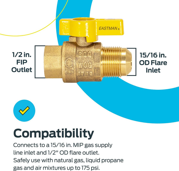 Eastman Straight Gas Brass Ball Valve, 1/2 in FIP x 15/16 in OD Flare Female, 1/4-Turn Handle, 60031 1/2-Inch FIP x 5/8-Inch OD