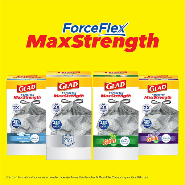 Glad ForceFlex MaxStrength Kitchen Trash Bags, Rip and Tear Resistant, Fresh Clean Scented Large Garbage Bags, Odor Control, Febreze Freshness, 20