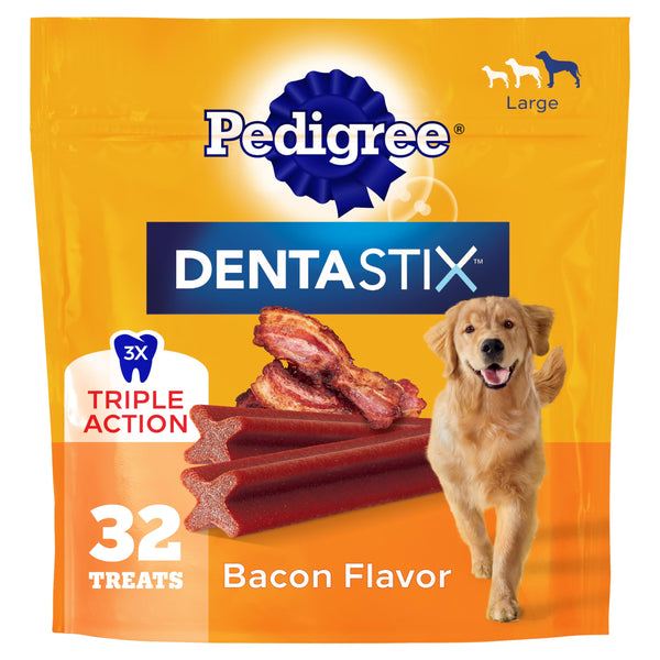 Pedigree Dentastix Large Dog Treats, Bacon Flavor, 1.67 Lb. Bag (32 Treats)