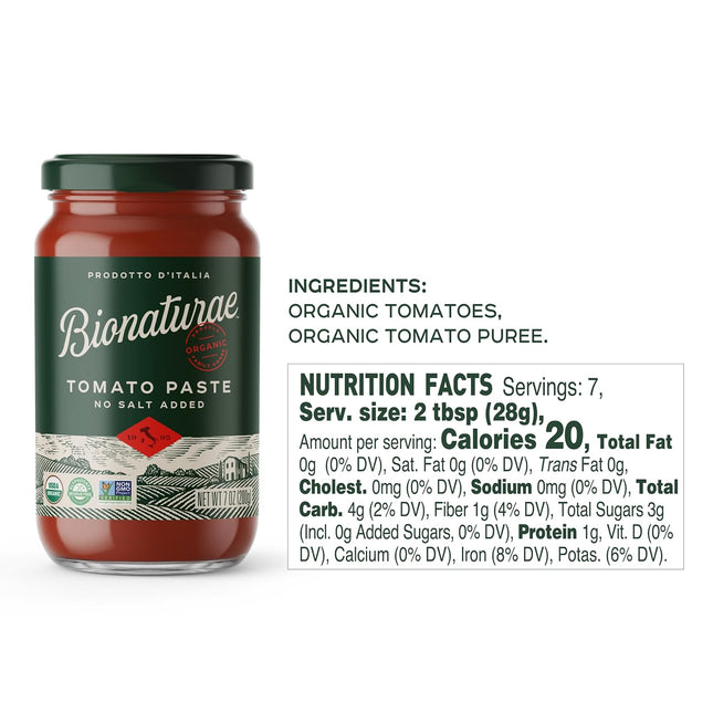 Bionaturae Organic Tomato Paste - No Salt Tomato Paste, Tomato Paste in a Jar, K