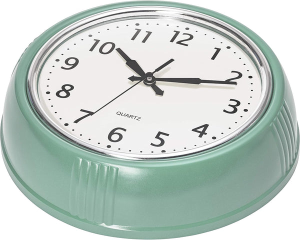 Bernhard Products Retro Wall Clock 9.5 Inch Green Kitchen 50's Vintage Design Round Silent Non Ticking Battery Operated Quality Quartz Clock