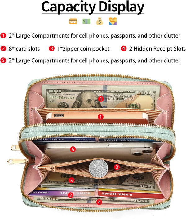 Wallet for Women Clutch Double Zip around Credit Card Holder Leather Women'S Wallet Large Capacity