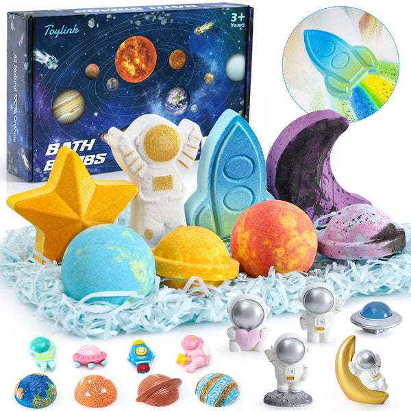 Space Bath Bombs for Kids with Surprise Inside, 8 Pack Kids Galaxy Bath Bombs with Space Toys for Toddler Boys Girls Handemade Rainbow Bubble Bath