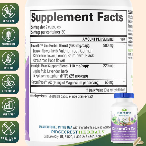 Ridgecrest Herbals Dreamon Zen, Sleep Support Supplement, Melatonin Free, Magnesium, 5-HTP, Lavender, Chamomile, Valerian, Lemon Balm for Adults