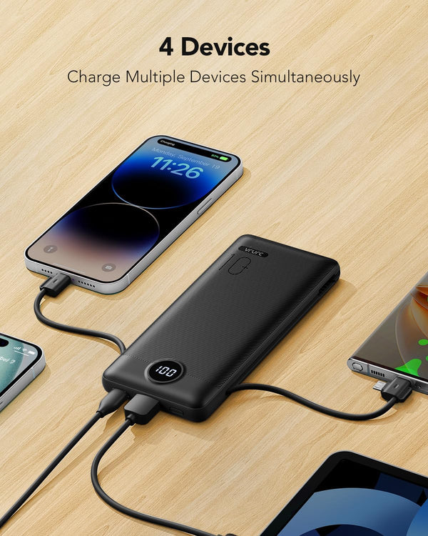 VRURC Portable Charger Built-In Cables and AC Wall Plug, USB C Power Bank 10000Mah, Travel Essentials Phone Charger Compact Lightweight External