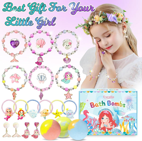Bath Bombs for Girls Kids with Surprise Inside, 20 Fun Princess Fizzy Bath Bomb with Jewelry Toys, Mermaid Gifts for Daughter Granddaughter Niece,