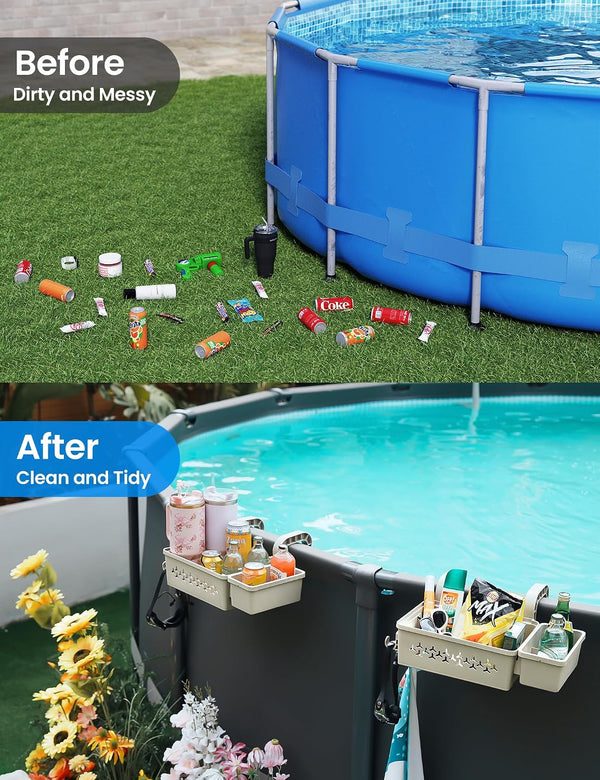 SUMMERBUDDY 2 Sets Upgrade Poolside Storage Basket, Above Ground Pool Storage Basket with Pool Cup Holder, For Steel Round or Oval Frame Above