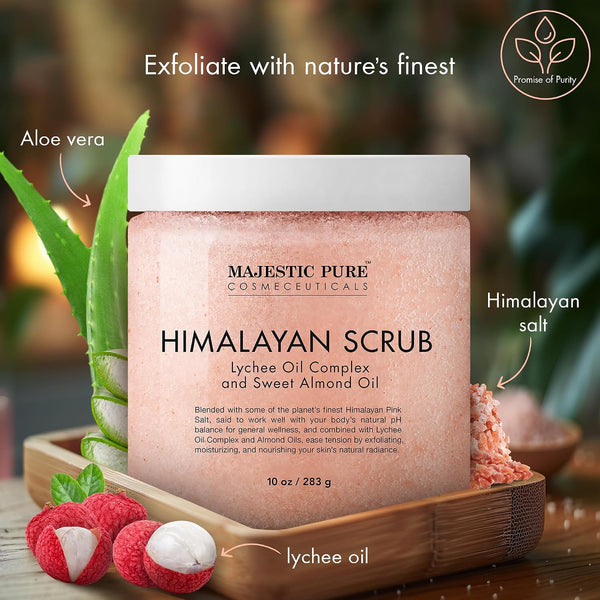 MAJESTIC PURE Himalayan Salt Body Scrub with Lychee Oil, Exfoliating Salt Scrub to Exfoliate & Moisturize Skin, Deep Cleansing - 10 oz Himalayan