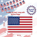 52FT 4th of July Decorations Outdoor, 50 PCS Fourth of July Banner, 5.5 x 8.2 Inches American String Flag Banner for Patriotic Independence Day