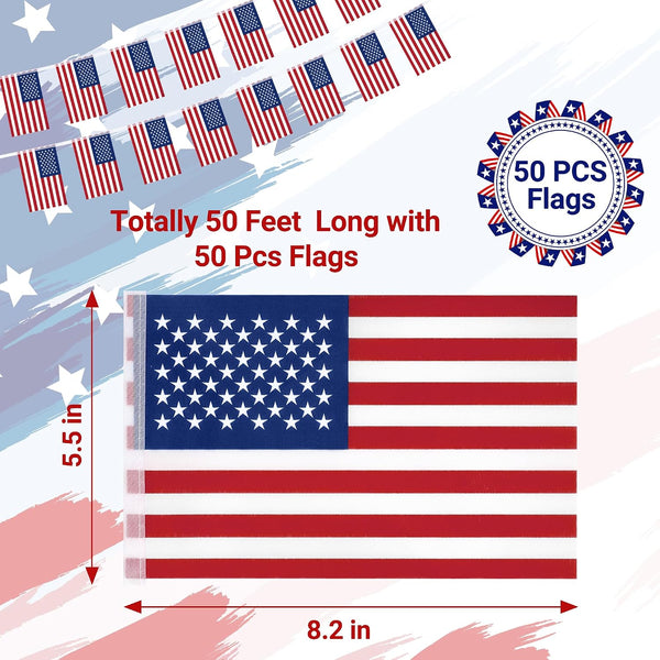 52FT 4th of July Decorations Outdoor, 50 PCS Fourth of July Banner, 5.5 x 8.2 Inches American String Flag Banner for Patriotic Independence Day
