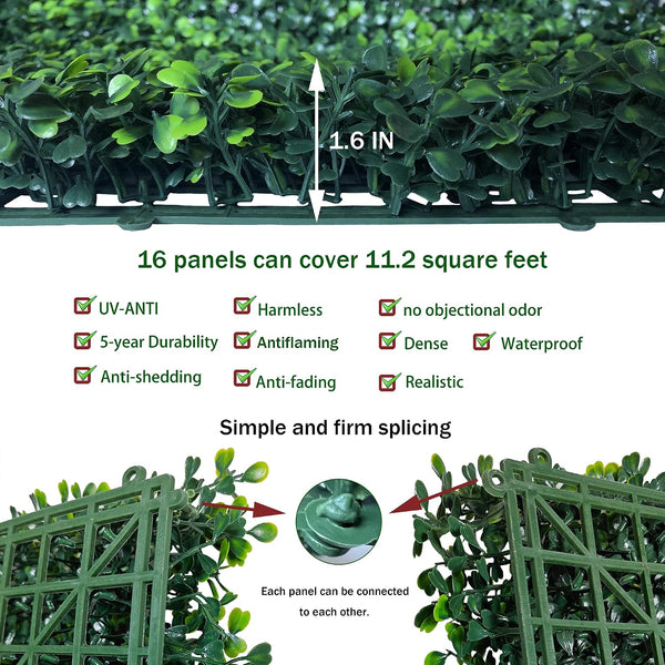 ODTORY Artificial Grass Wall Greenery Backdrop, 10X10 in 16P (11.2 sqft) | UV-Anti, Fake Ivy Vine Balcony Fence, Outdoor Privacy Screen, Green