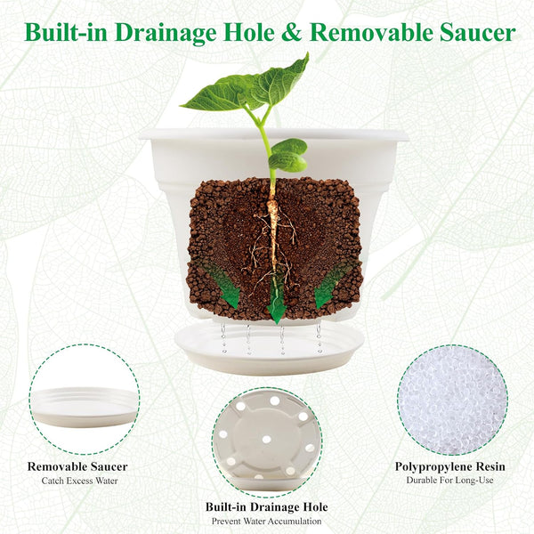 Pottiffe 10 Inch Plastic-Flower-Pot-for-Indoor-Plants, 4 Pack Large Outdoor Planter Pot with Drainage Holes & Saucers, Resin Decorative Garden
