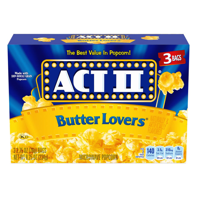 Act II Butter Lovers Microwave Popcorn, 2.75 oz., 3-Count Bags Butter 8.25 Ounce (Pack of 1)