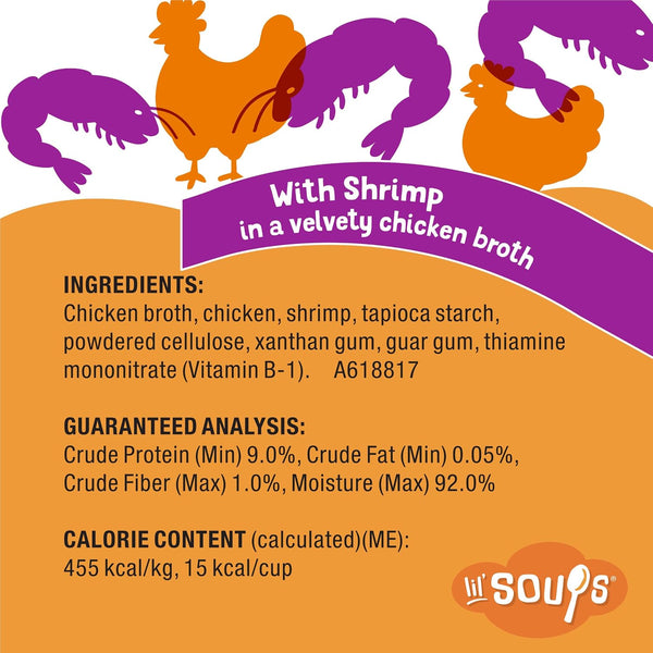 Purina Friskies Grain Free Lickable Cat Food Toppers Lil’ Soups With Shrimp in a Velvety Chicken Broth - (Pack of 8) 1.2 oz. Cups